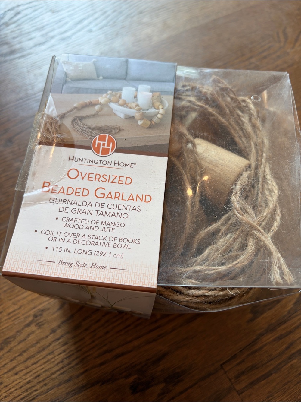 Huntington Home Jute and Mango Wood Beaded Garland - Natural Tan NIB